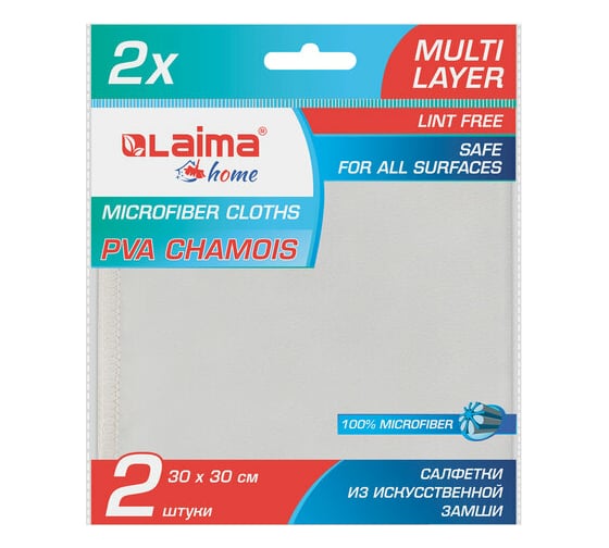 Универсальная салфетка из искусственной замши LAIMA PVA CHAMOIS комплект 2 шт., 30x30 см 607788