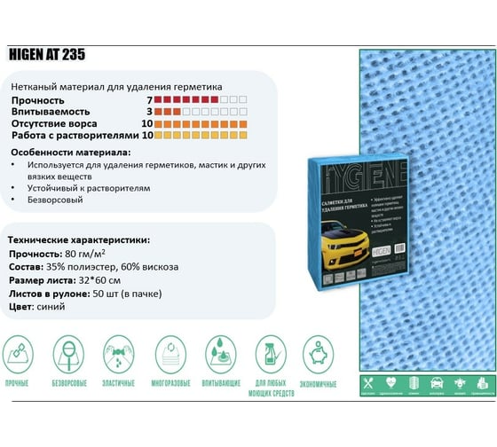 Нетканые салфетки в листах HIGEN Auto Wipe Blue 46 гр., синие, 1/4,60х32 см.,1 пач., 50 листов AT235