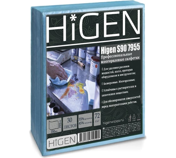 Универсальные безворсовые салфетки Higen S90 в листах, синие, 72 gsm, 35x35 см, 45/55, 30лст/пач 7955 1