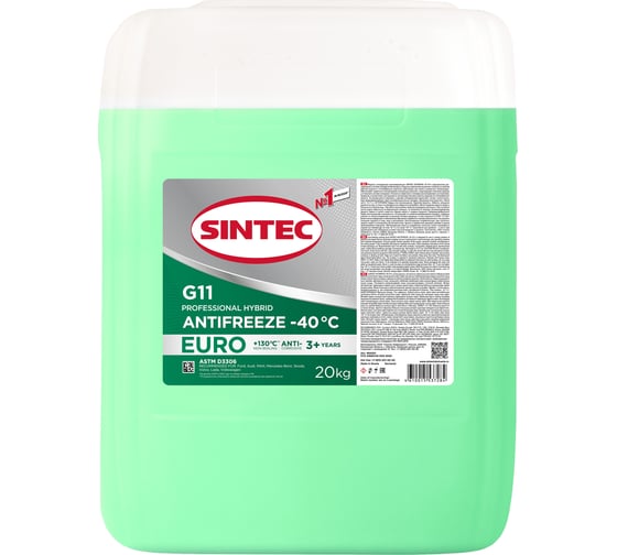 Антифриз Sintec EURO G11 (-40) зеленый 20 кг, гибридный, силикатный 800521