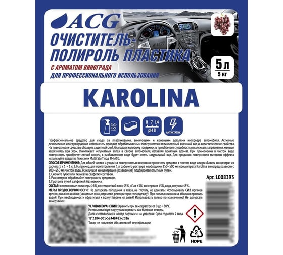 Очиститель-полироль пластика ACG KAROLINA с ароматом винограда, 5 л 1008393