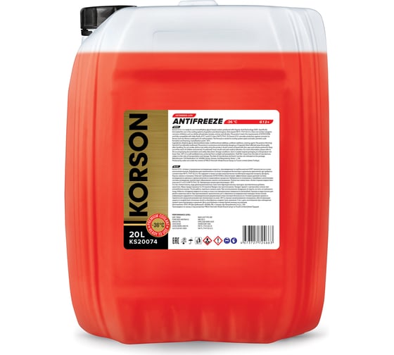 Антифриз KORSON готовый раствор, G12+, -36, красный 20 л KS20074