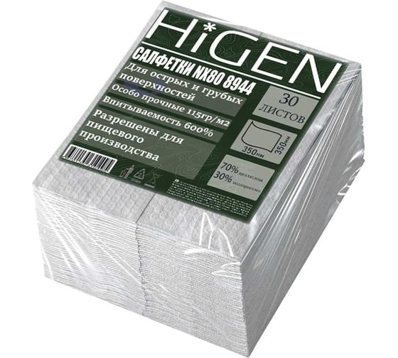 Особо прочные салфетки для острых и грубых поверхностей в листах Higen Nx80 белые, 115 gsm, 35x35см, 70/30, 30 лст/пач. 8944 1