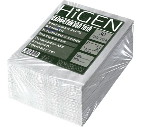 Салфетки для впитывания жидкостей Higen X60 в листах, белые, 60 gsm, 35x35 см, 70/30, 30 лст/пач. 7819