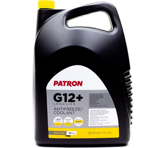 Антифриз PATRON 10 кг (8.9 л), желтый, готовый, YELLOW G12+, TL 774-D/F, G012A8FA1, DAF 325.2/325.3/326.0/326.3, PSA B715110, RENAULT 41-01-001/- T Type D PCF5010 1