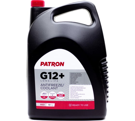 Антифриз PATRON 10 кг (8.9 л), красный, готовый, RED G12+, TL 774-D/F, G012A8DA1, G012A8FA1, WSS-M97B44-D, 6277M, MAN 324 SNF, MB 325.3, 1940663, 1381080 PCF2010