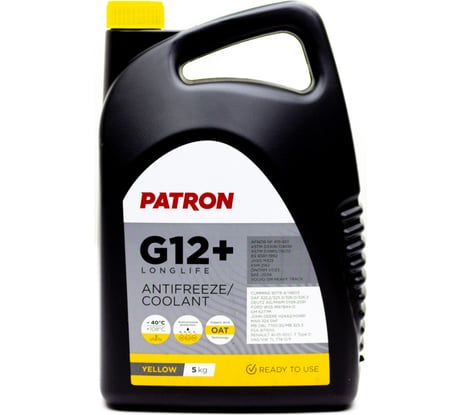 Антифриз PATRON 5 кг (4.4 л), желтый, готовый, YELLOW G12+, TL 774-D/F, G012A8FA1, DAF 325.2/325.3/326.0/326.3, PSA B715110, RENAULT 41-01-001/- T Type D PCF5005