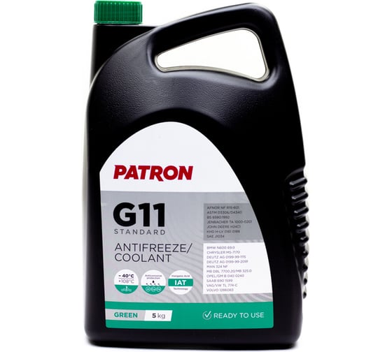 Антифриз PATRON 5 кг (4.4 л), зеленый, готовый, GREEN G11, TL 774-C, SAE J1034, N600690, MS-7170, MAN 324 NF, MB 325.0, B0400240, 6901599, 1286083 PCF4005