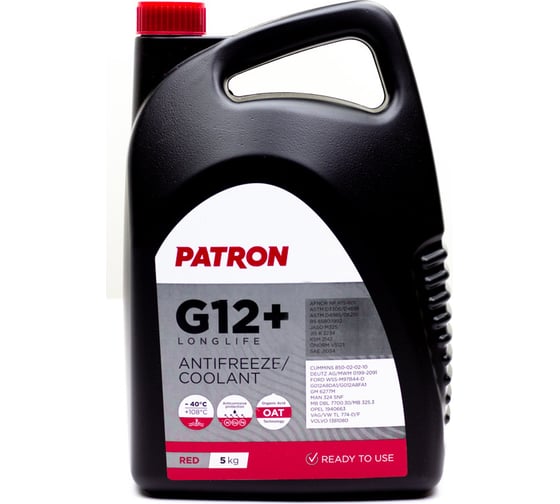 Антифриз PATRON 5 кг (4.4 л), красный, готовый, RED G12+, TL 774-D/F, G012A8DA1, G012A8FA1, WSS-M97B44-D, 6277M, MAN 324 SNF, MB 325.3, 1940663, 1381080 PCF2005 1