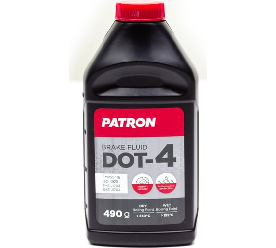Тормозная жидкость PATRON 490 г (424 мл), DOT-4, для авто c ABS, FMVSS 116, ISO 4925 class 4, JIS K2233, SAE J1703, SAE J1704 PBF450 1