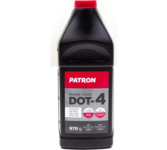 Тормозная жидкость PATRON 970 г (849 мл), DOT-4, для авто c ABS, FMVSS 116, ISO 4925 class 4, JIS K2233, SAE J1703, SAE J1704 PBF401 1