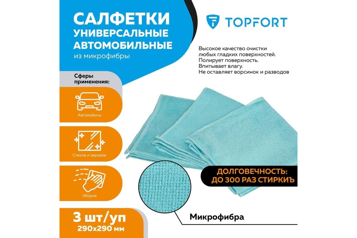 Салфетки Topfort универсальные автомобильные из микрофибры 3 шт/уп 1818378  - выгодная цена, отзывы, характеристики, фото - купить в Москве и РФ