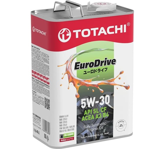 Синтетическое моторное масло TOTACHI EURODRIVE Fully Synthetic 5W-30 API SL/CF, ACEA A3/B4, 4 л E6204
