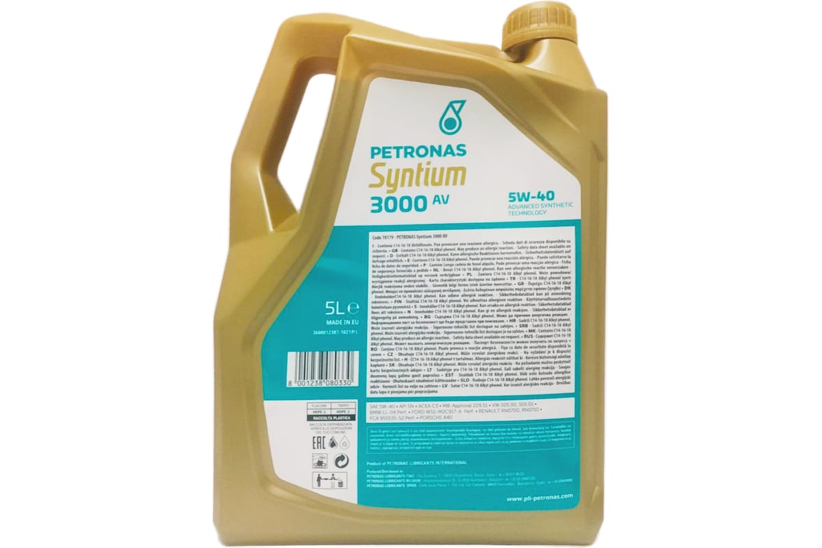 Моторное масло PetronasSYNTIUM 3000 AV синт. 5W40, 5л/4, API SN, ACEA ...
