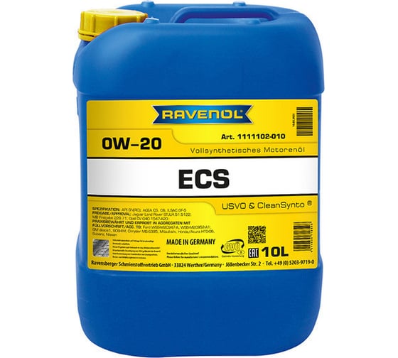 Моторное масло RAVENOL ECS EcoSynth SAE 0W-20, 10 л 1111102-010-01-999