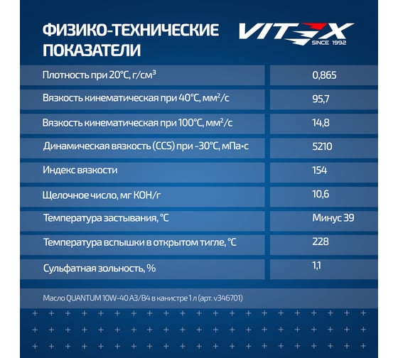 Масло моторное VITEX Quantum 10W40 200 л A3/B4 NEW API SN/CF, ACEA A3/B4, MB 229.1, VW 501.01/505.00, Renault RN0700 v3470b1