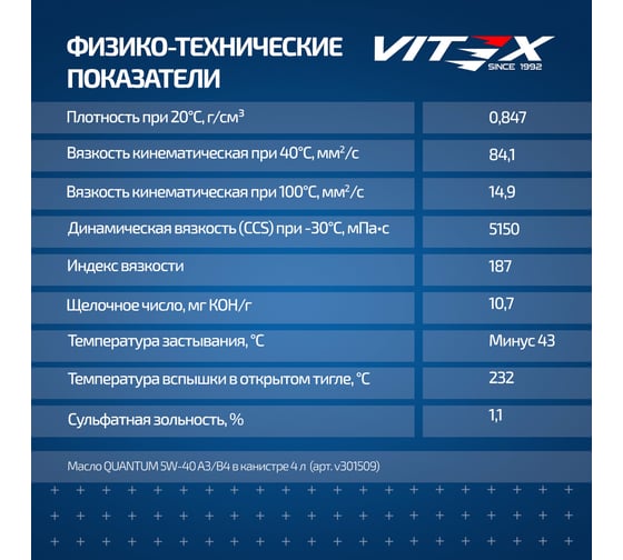 Масло моторное VITEX Quantum 5W40 200 л A3/B4 ACEA A3/B4, API SN/CF, MB 229.3/226.5, VW 502.00/505.00, GM LL-A-025, GM LL-B-025 v3013b1