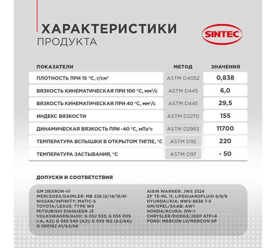 Трансмиссионное масло Sintec ATF DEXRON VI, 4л 324711