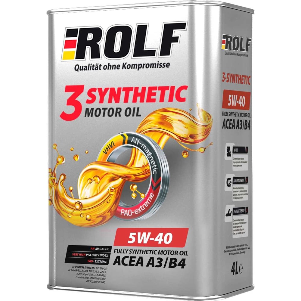 Моторное масло Rolf 3-synthetic SAE 5W-40, API SN/CF, ACEA A3/B4, 4л ...