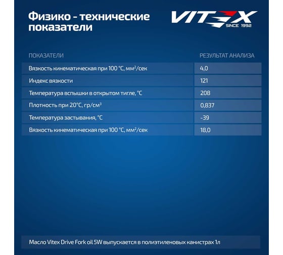 Всесезонное полусинтетическое вилочное масло VITEX Drive Fork oil 5W v350101