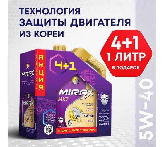  Моторное масло MIRAX MX7 5W-40 A3/B4 SL/CF Акция 4+1 607052
