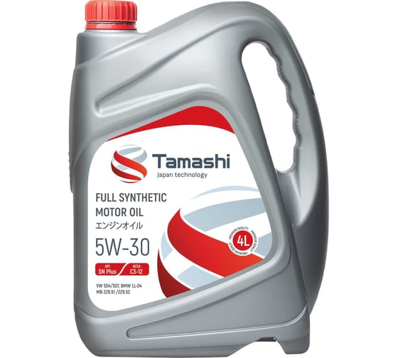 Масло моторное синтетическое Tamashi 4л 5W-30 API SN Plus, ACEA C3-12 (MB 229.51/229.52, BMW LL-04, VW 504.00/507.00) 5W30T024