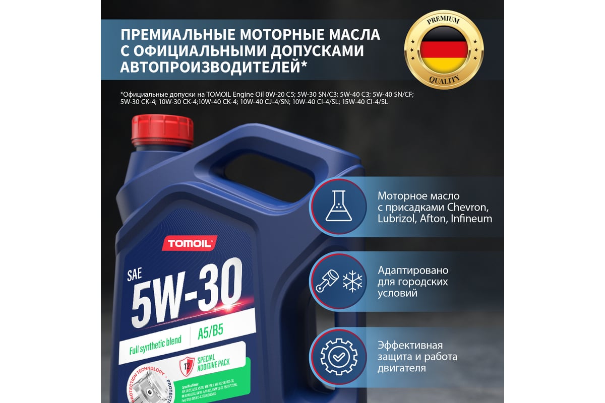 Моторное масло TOMOIL Engine Oil 5W-30 A5/B5, канистра 4 л 7100000326 ...