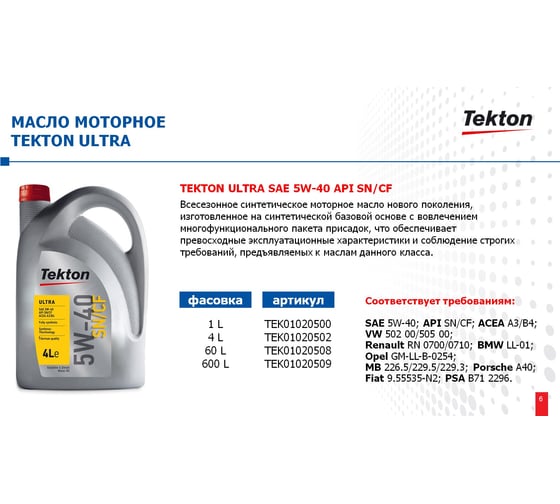 Моторное масло Tekton EXPERT 5W-40 API SL/CF 1 л TEK01040500
