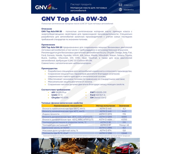 Синтетическое моторное масло GNV Top Asia 0W-20 (мет.канистра 4 л.) ILSAC GF-5 для автомобилей азиатских производителей GTA1011884020010020004