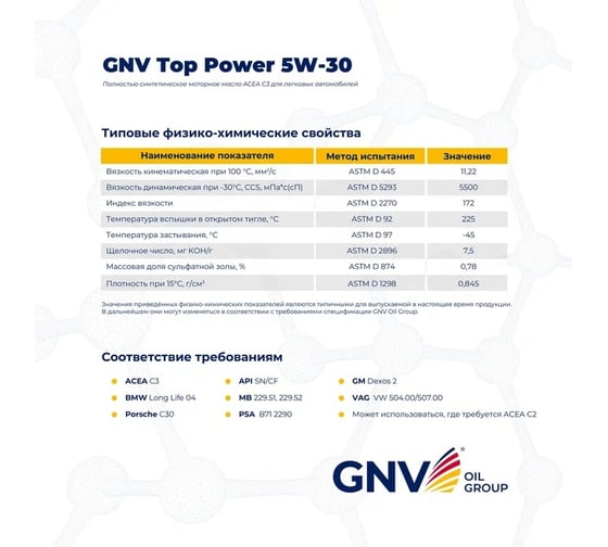 Моторное масло GNV Top Power 5W-30 Synthetic (мет.канистра 1 л.) VAG VW 504.00/507.00 GTP1011872020010530001