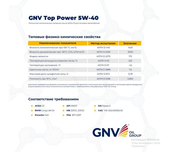 Синтетическое моторное масло GNV Top Power 5W-40 Synthetic (мет.канистра 4 л.) ACEA C3, MB 229.51/229.52 GTP1011872019510540004