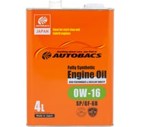 Масло моторное AUTOBACS 0W-16 ENGINE OIL API SP ILSAC GF-6B FULLY SYNTHETIC 4л A00032226
