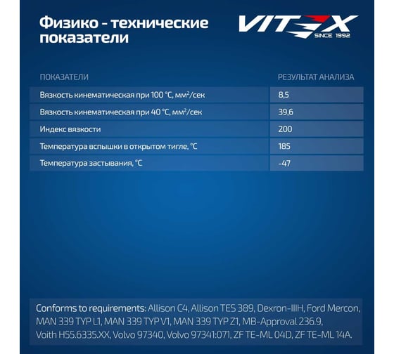 Масло VITEX Dexron 3 Specifications: General Motors Dexron III 1л V312301