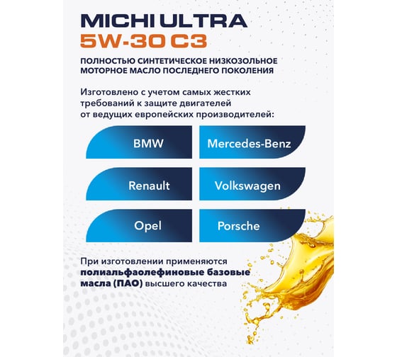 Моторное масло Michi ULTRA 5W-30 C3, канистра 4л 4637189 4637289