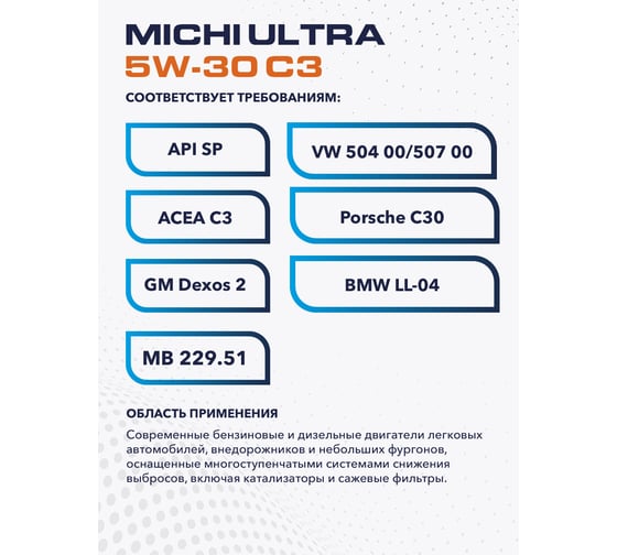 Моторное масло Michi ULTRA 5W-30 C3, канистра 4л 4637189 4637289