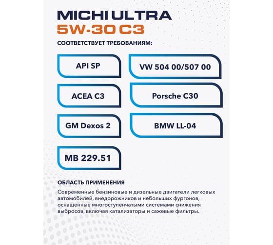 Моторное масло Michi ULTRA 5W-30 C3, канистра 1л 4637172