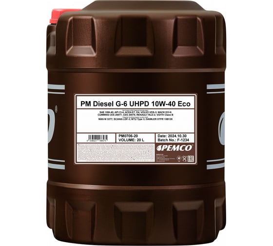 Синтетическое моторное масло PEMCO DIESEL G-6 ECO UHPD 10W40 20 л PM0706-20-E