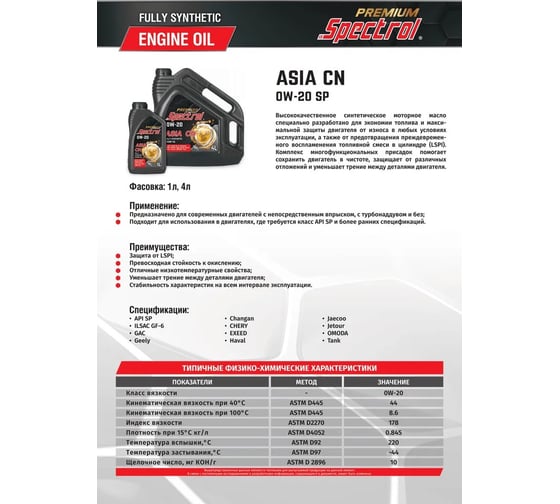 Масло моторное синтетическое Spectrol PREMIUM ASIA CN 0W-20 SP 4л 98882