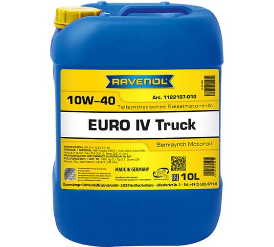 Моторное масло RAVENOL Euro IV Truck SAE 10W-40 (10л) 1122107-010-01-999