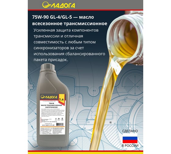 Масло трансмиссионное ЛАДОГА 75W-90 GL-4/GL-5 синтетическое (канистра 1л) LMT_GL4_7590S_1