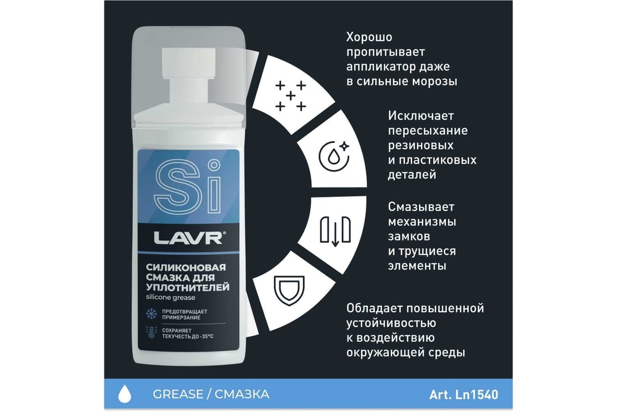 Силиконовая смазка для резиновых уплотнителей LAVR 100 мл Ln1540 - выгодная  цена, отзывы, характеристики, 1 видео, фото - купить в Москве и РФ