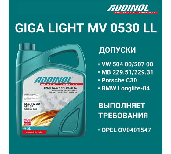 Моторное масло Addinol Giga Light MV 0530 LL синтетическое, 5W-30, 5 л 72098681