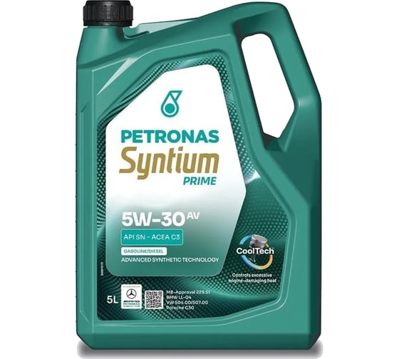 Моторное масло PETRONAS SYNTIUM PRIME AV 5W-30, синт., 5 л., API SN, ACEA C3, VW 504.00-507.00, MB Approval 229.51, BMW Longlife-04, Porsche C30. 71234M12EU 1