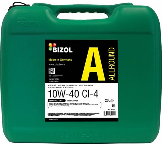 НС-синтетическое моторное масло Bizol Allround 10W-40, CI-4/SL, A3/B4/E7 DH-1, 20л 85322