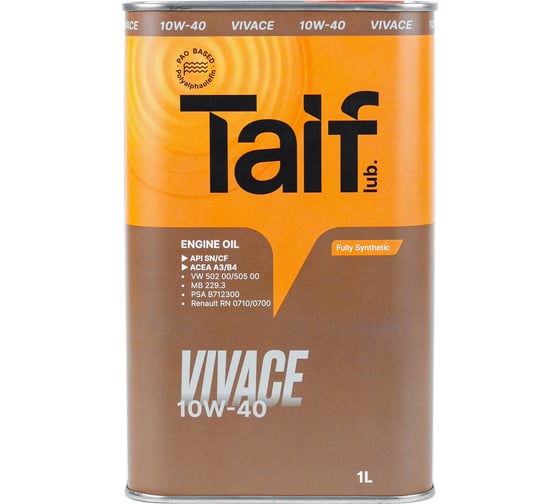 Моторное синтетическое масло Taif VIVACE, 10W-40, SN, 1 л 211029