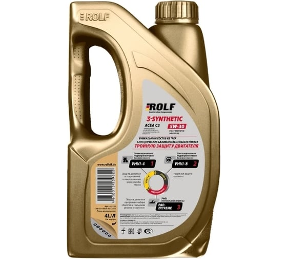 Моторное масло Rolf 3-SYNTHETIC синтетическое, 5W-30, ACEA C3, 4 л, пластик 322729