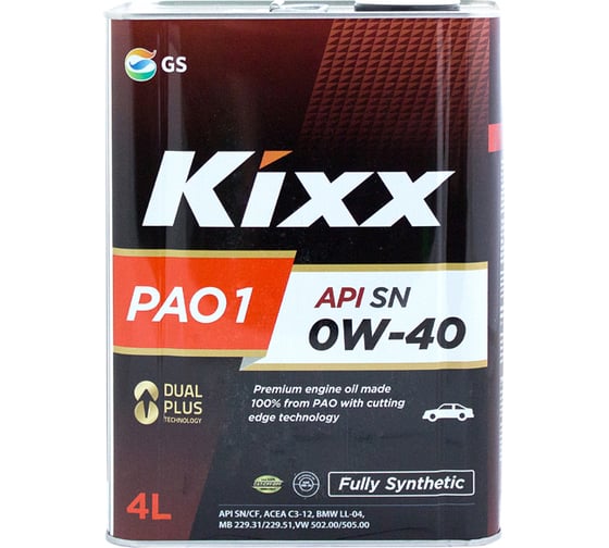 Синтетическое моторное масло KIXX PAO 1 0w-40 API SN, ACEA A3/B4/C3 4 л L208444TE1