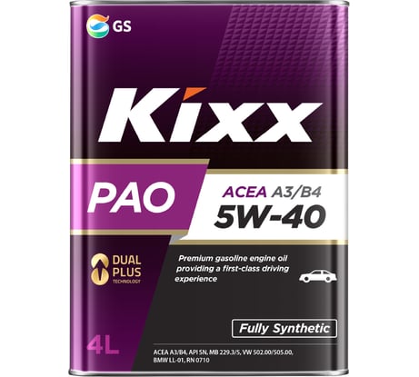 Синтетическое моторное масло KIXX PAO 5w-40 API SN/CF, ACEA A3/B4 4л L211044TE1