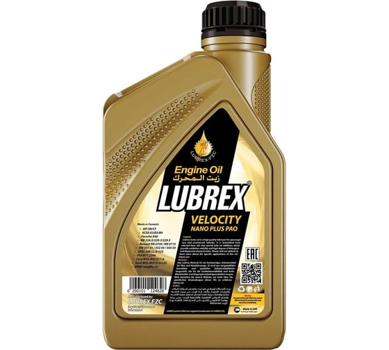 Синтетическое моторное масло LUBREX VELOCITY NANO PLUS PAO SAE 0W-30, 1л 124628