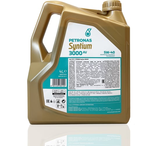 Синтетическое моторное масло Petronas SYNTIUM 3000 AV, 5W40, 4 л 18284019 70179K1YEU